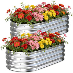 Tegarbed front view of two galvanized raised garden beds showing assemble-ready kit and benefits of compact footprint