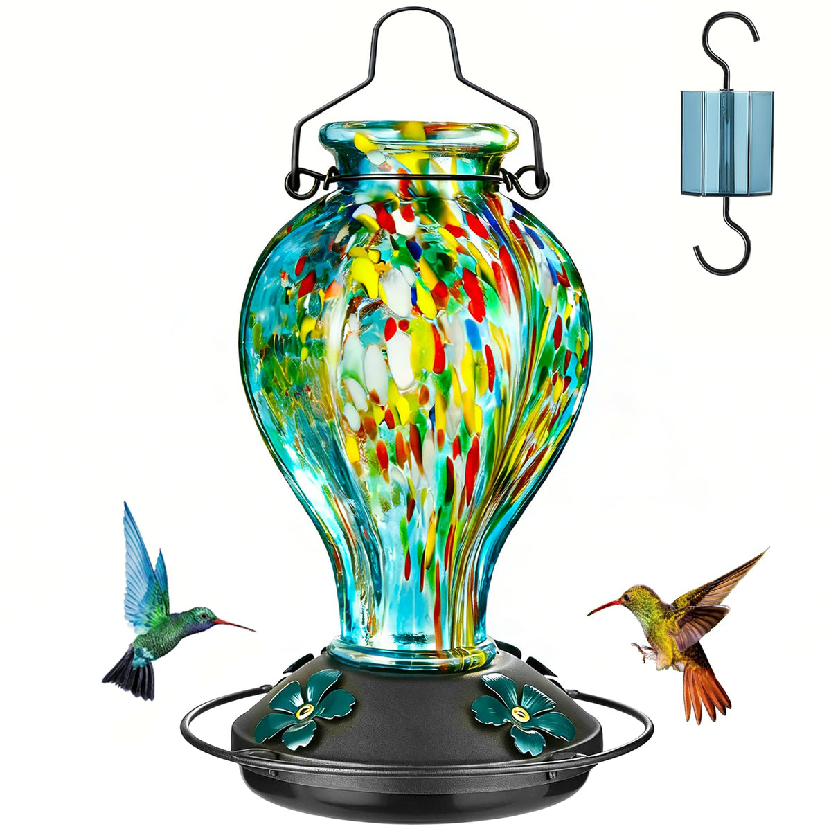 Tegarbed front view showing feeder shape and hanging loop, elegant outdoor display