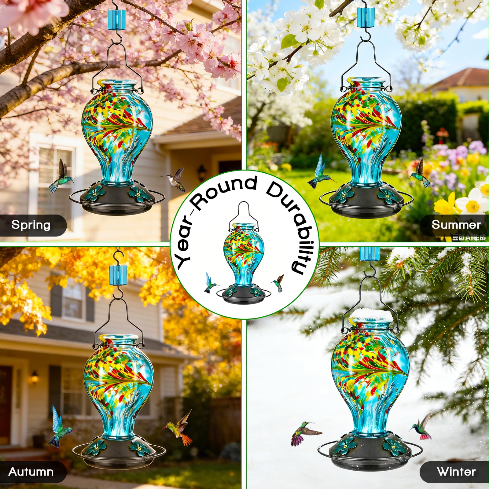 Tegarbed feeder hanging in garden inviting hummingbirds and enhancing landscaping