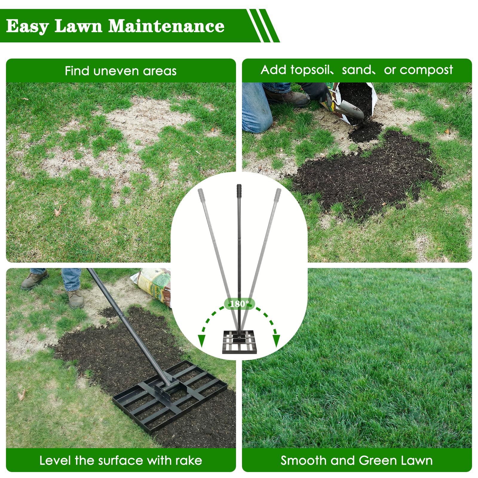 Tegarbed rake in use spreading sand evenly across lawn for smooth results