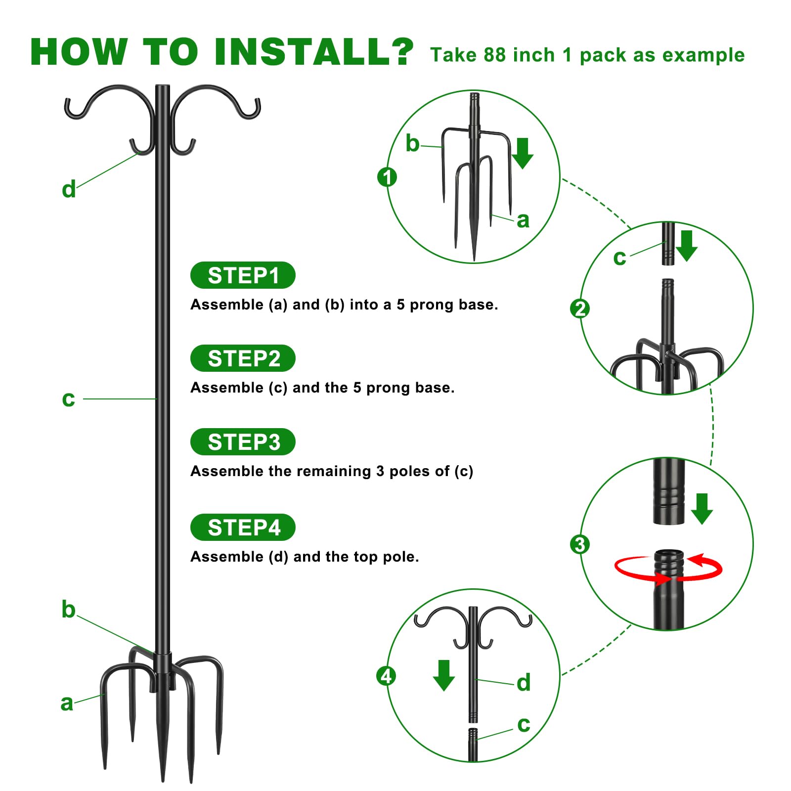 Tegarbed poles in use with bird feeders and plant basket, attracts birds and beautifies yard