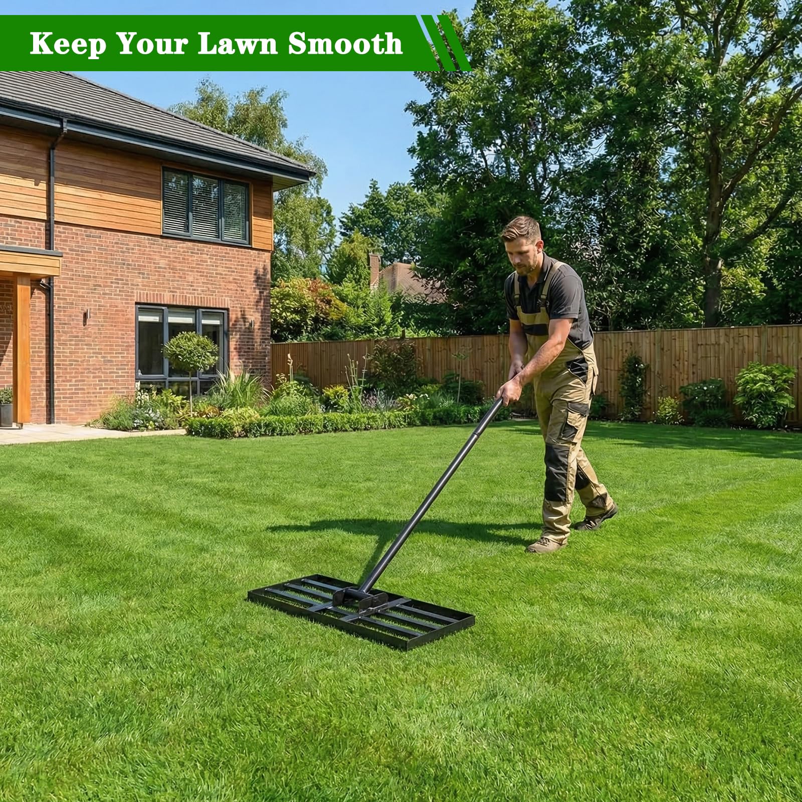 Tegarbed rake staged in backyard garden to show practical landscape use