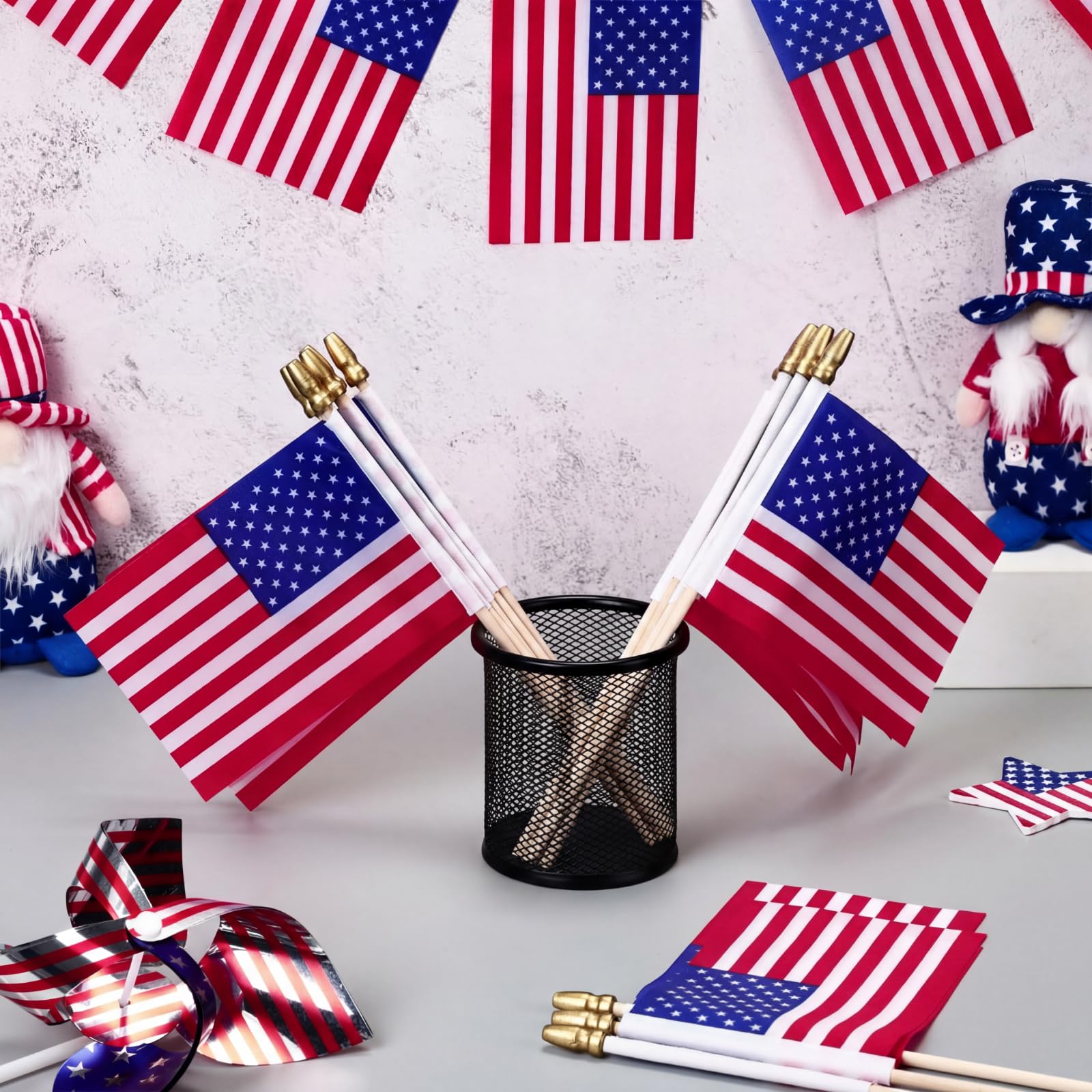 Tegeme row of flags lining a parade route adding unified patriotic impact