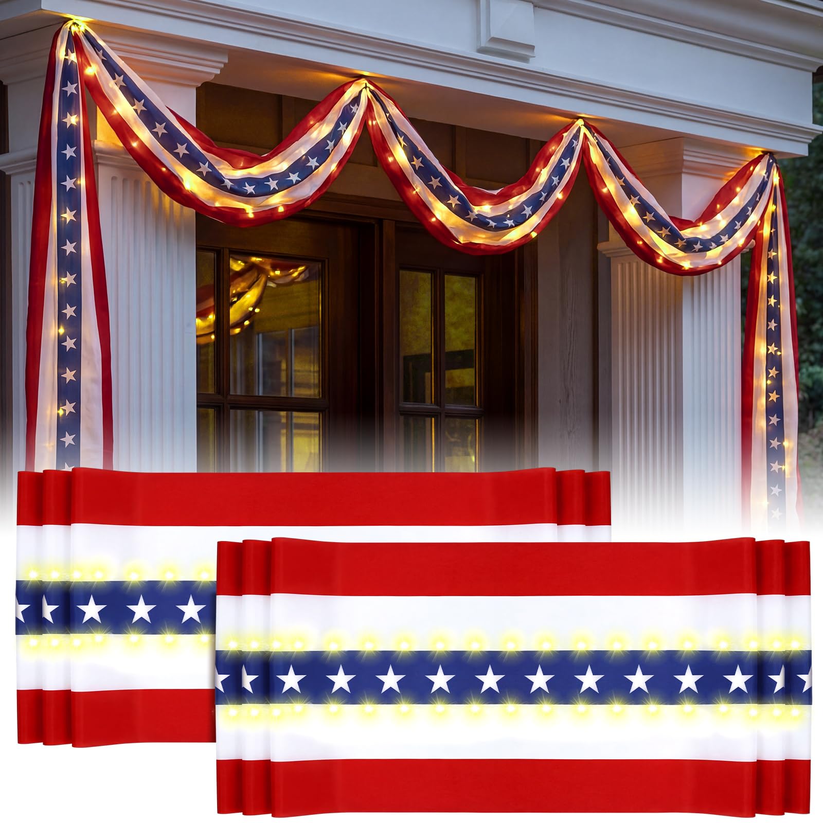 Tegeme front view of full bunting showing stars stripes and LEDs for bold curb appeal