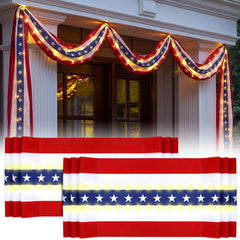 Tegeme front view of full bunting showing stars stripes and LEDs for bold curb appeal