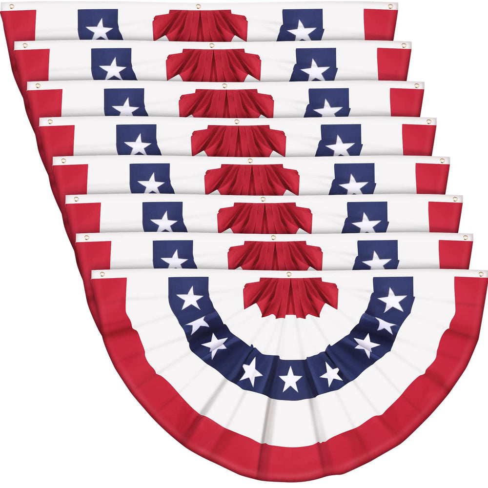 Tegeme front view pleated fan flag showing bright patriotic colors and neat pleats