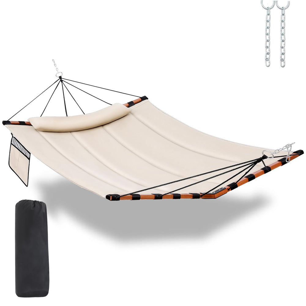 TEGERDEGER front view of beige two-person hammock showing roomy bed and aesthetic