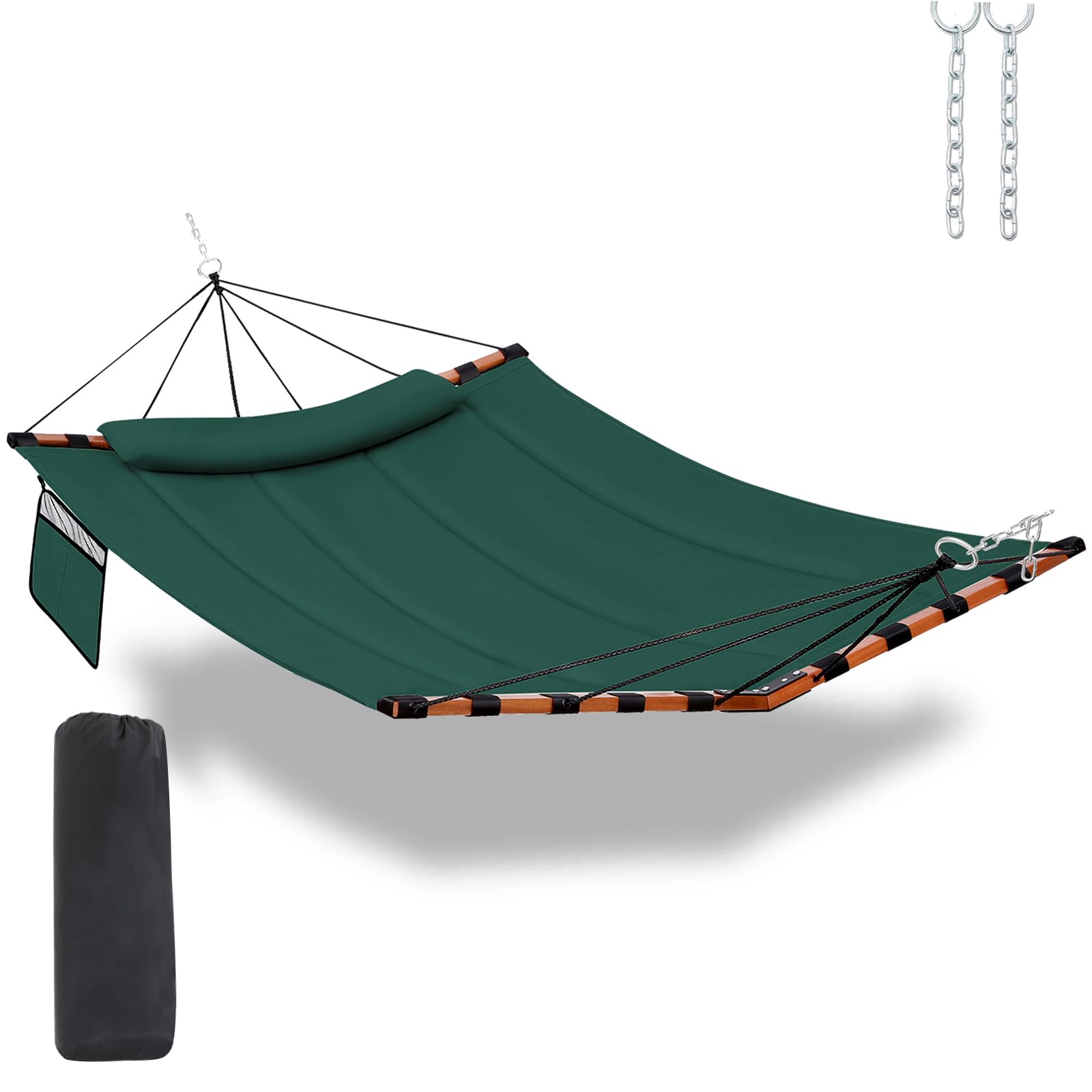 TEGERDEGER front view dark green hammock showing full length and relaxed setup benefit