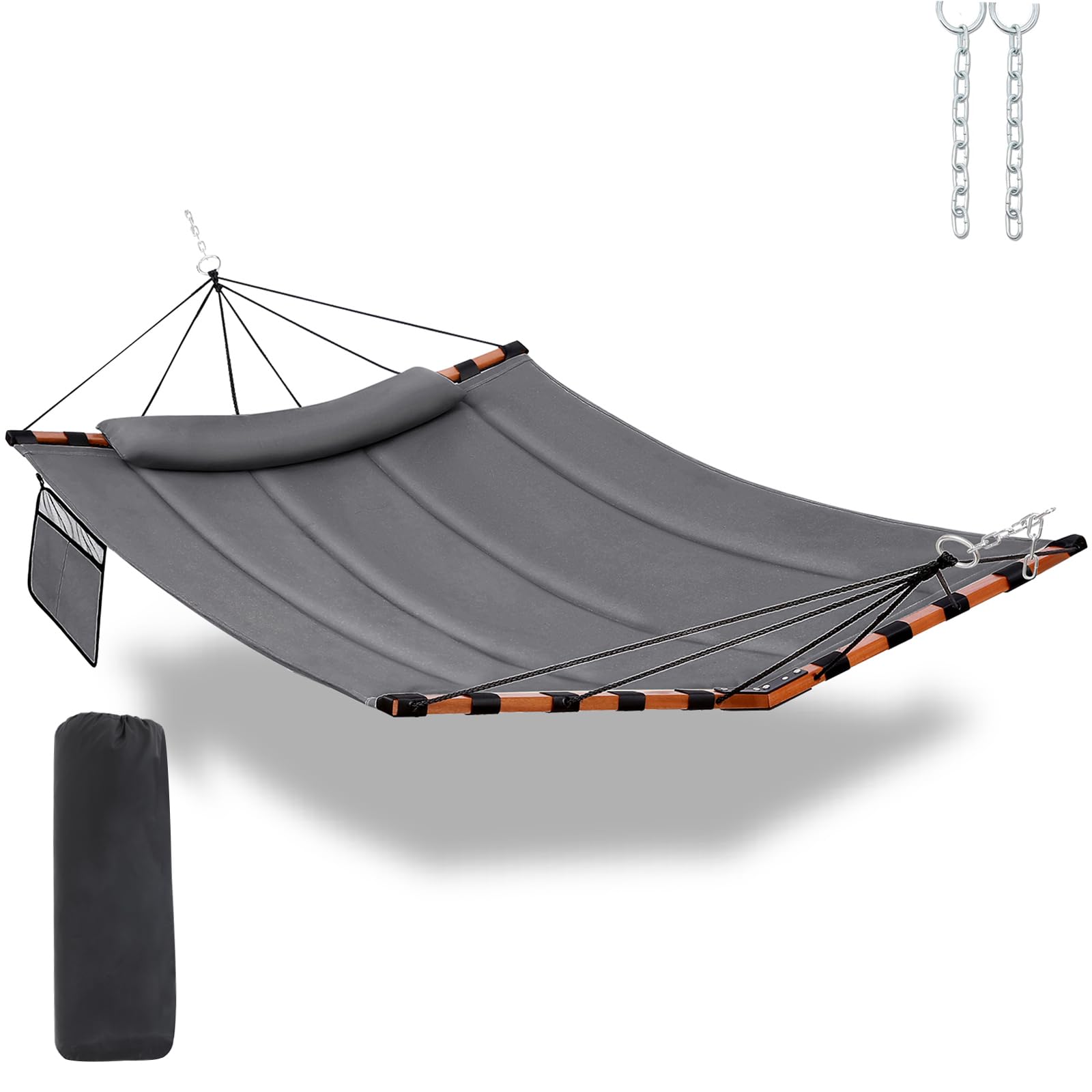 TEGERDEGER front view gray hammock showing roomy bed and neat finish