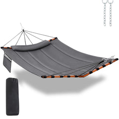 TEGERDEGER front view gray hammock showing roomy bed and neat finish