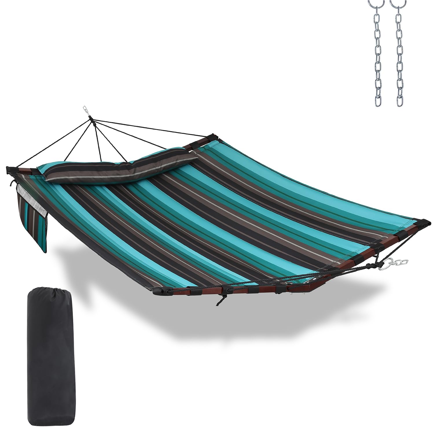 TEGERDEGER front view teal stripes hammock shows roomy bed and stylish finish