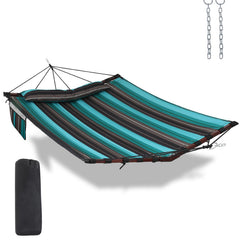 TEGERDEGER front view teal stripes hammock shows roomy bed and stylish finish