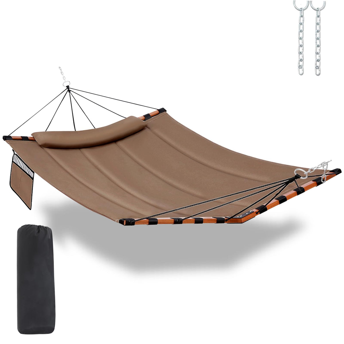 TEGERDEGER hammock front view showing brown bed and spreader bar, highlighting comfort
