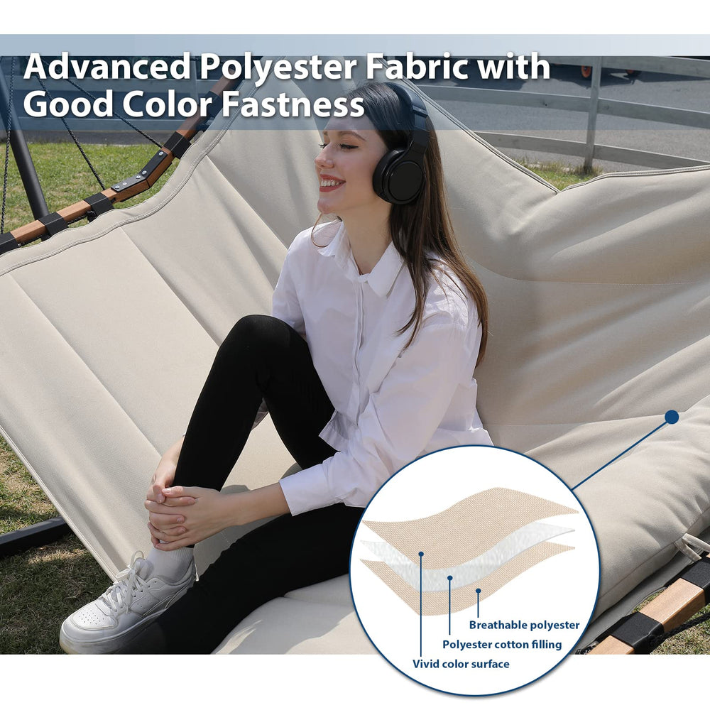 TEGERDEGER hammock on 12ft stand in garden showing correct fit and relaxed use