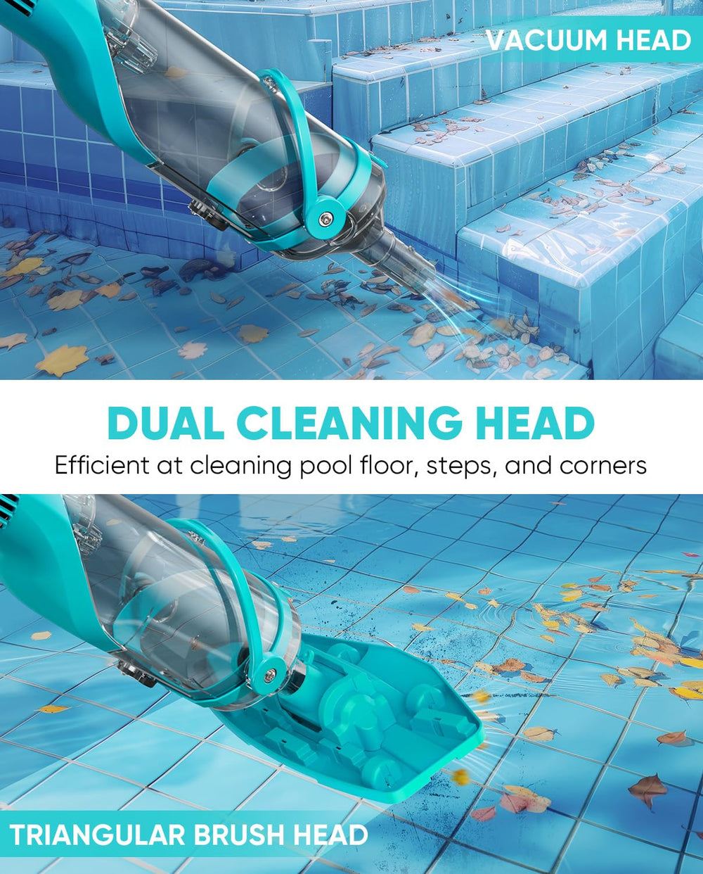 Teguy vacuum in backyard pool scene showing cordless convenience and clean results