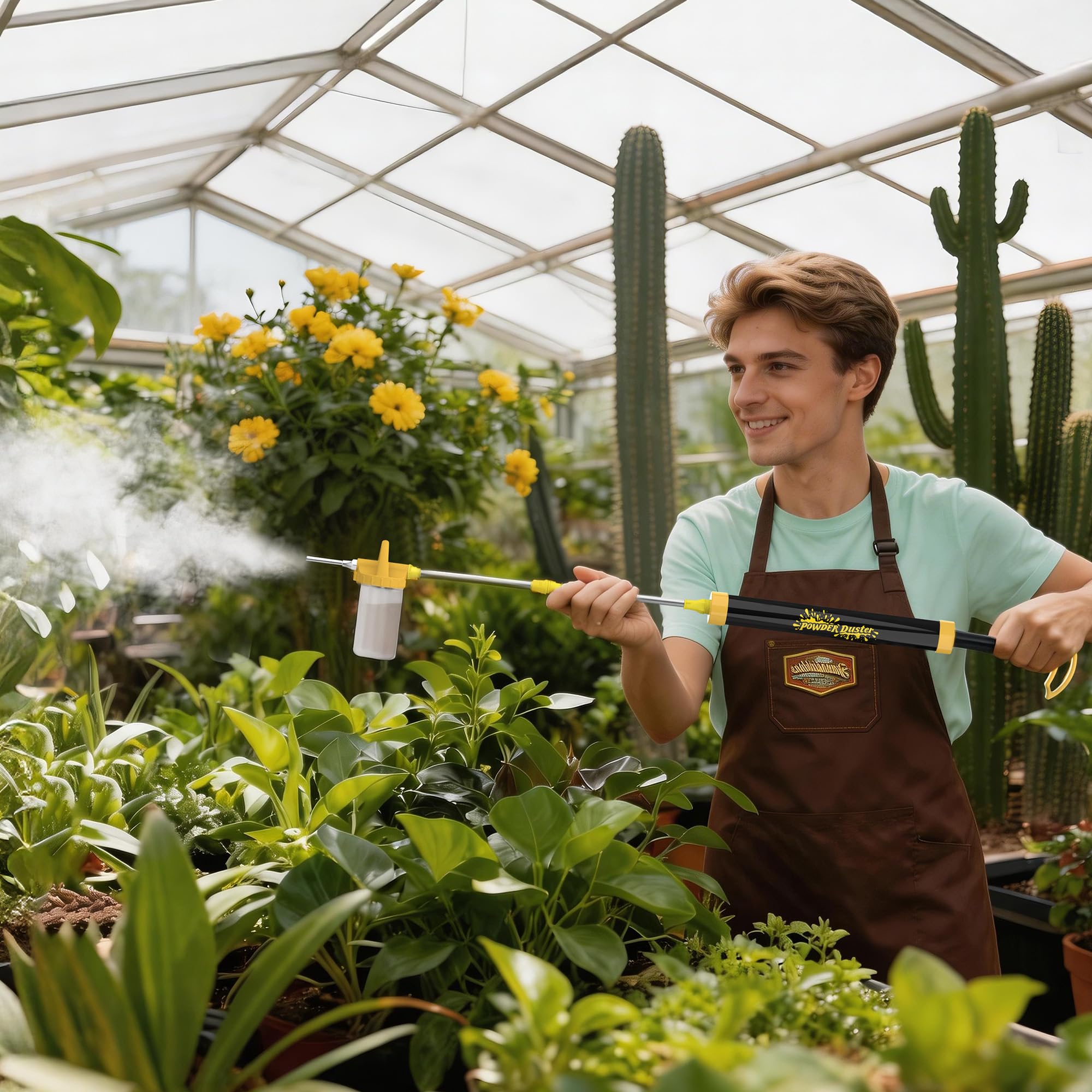 TeikBuce in garden applying diatomaceous earth for tidy soil coverage