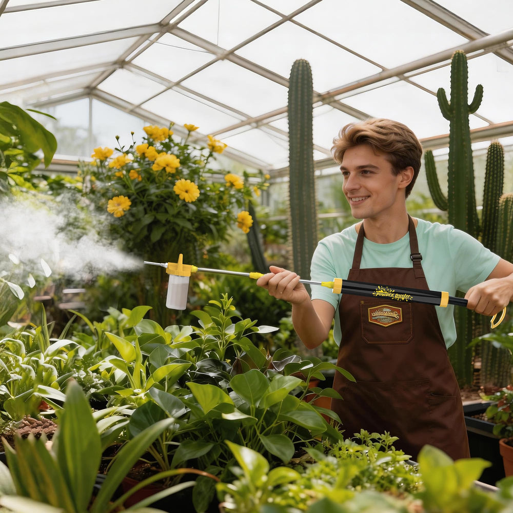 TeikBuce in garden applying diatomaceous earth for tidy soil coverage
