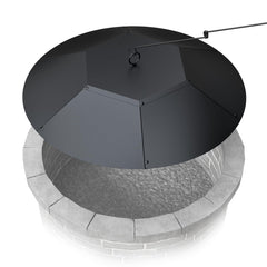 Teisaiko front view of lid covering a round fire pit protecting bowl from debris