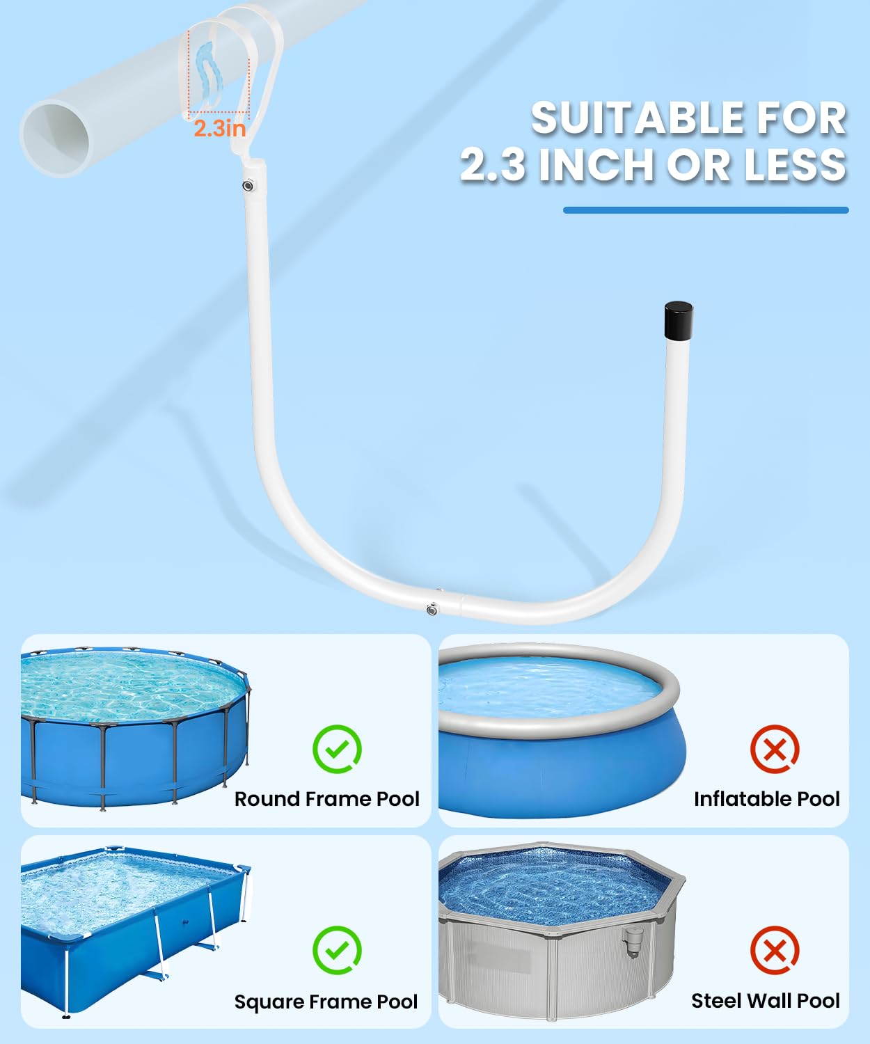 Teisaiko hook mounted on pool rail demonstrating tool-free install