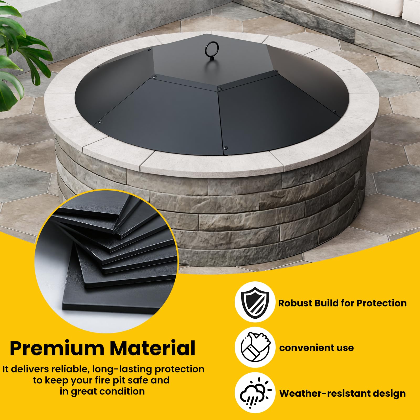 Teisaiko lid installed on backyard fire pit keeping embers and rain out