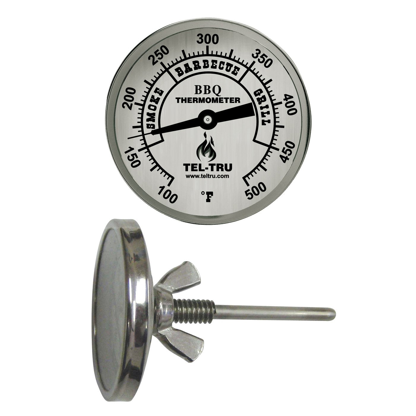 Tel-Tru front view of aluminum dial showing clear 100–500°F scale for quick reading