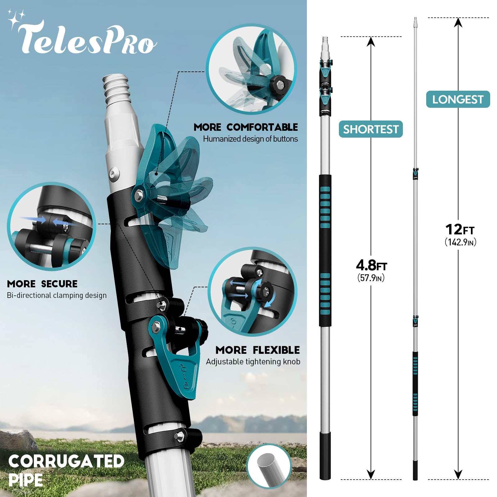 TelesPro pole in use on lawn demonstrating safe ground-based pruning