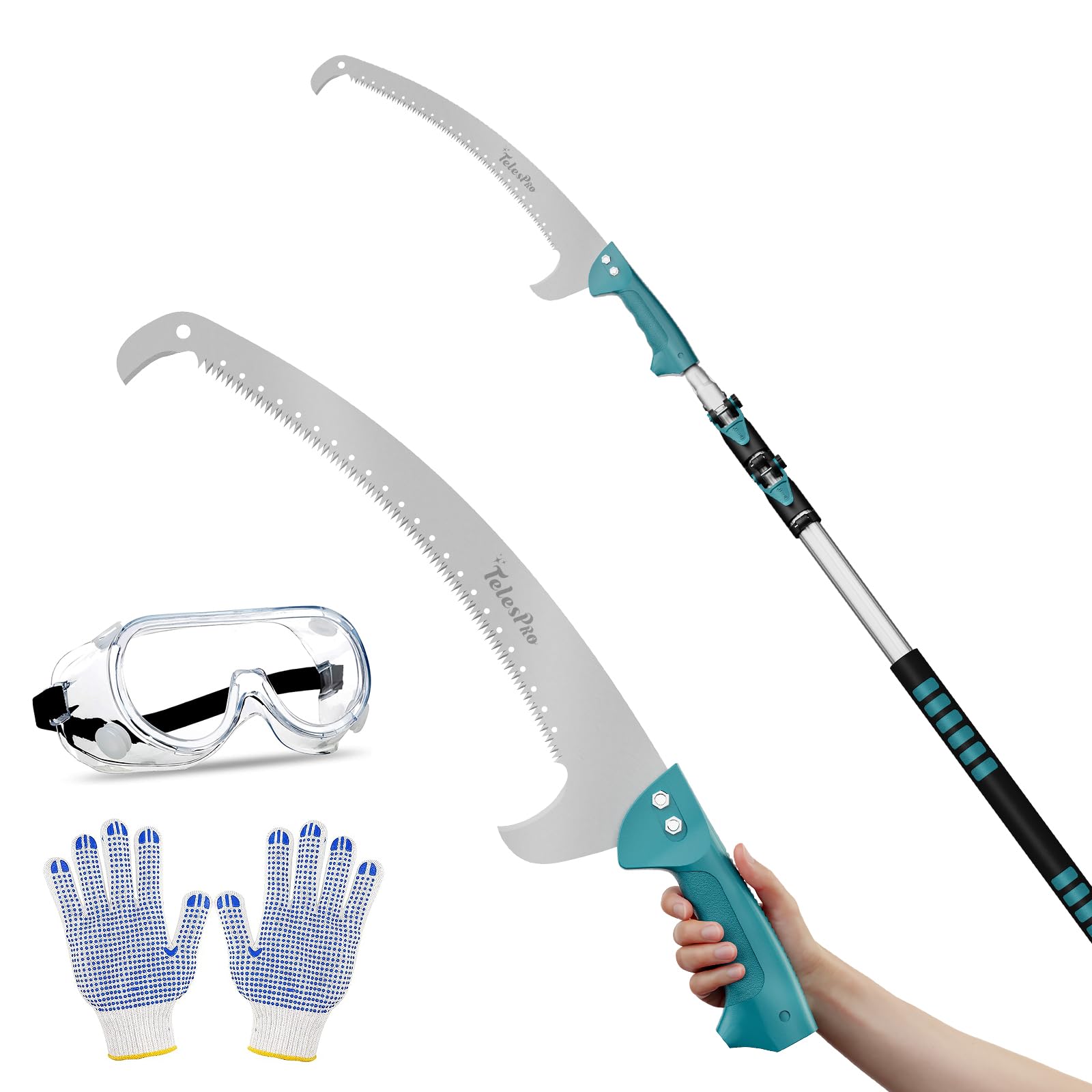 TelesPro pole saw front view showing full kit and reach benefit