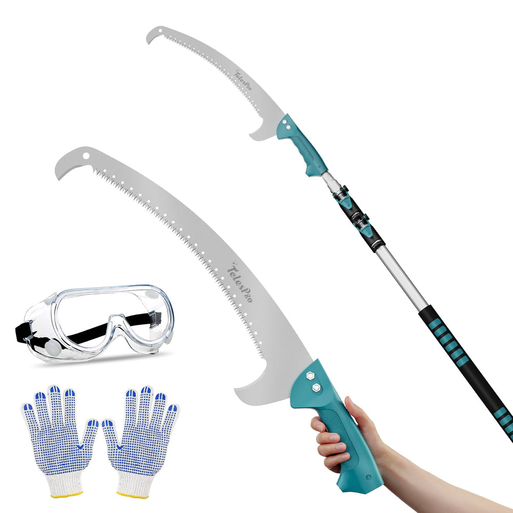TelesPro pole saw front view showing full kit and reach benefit