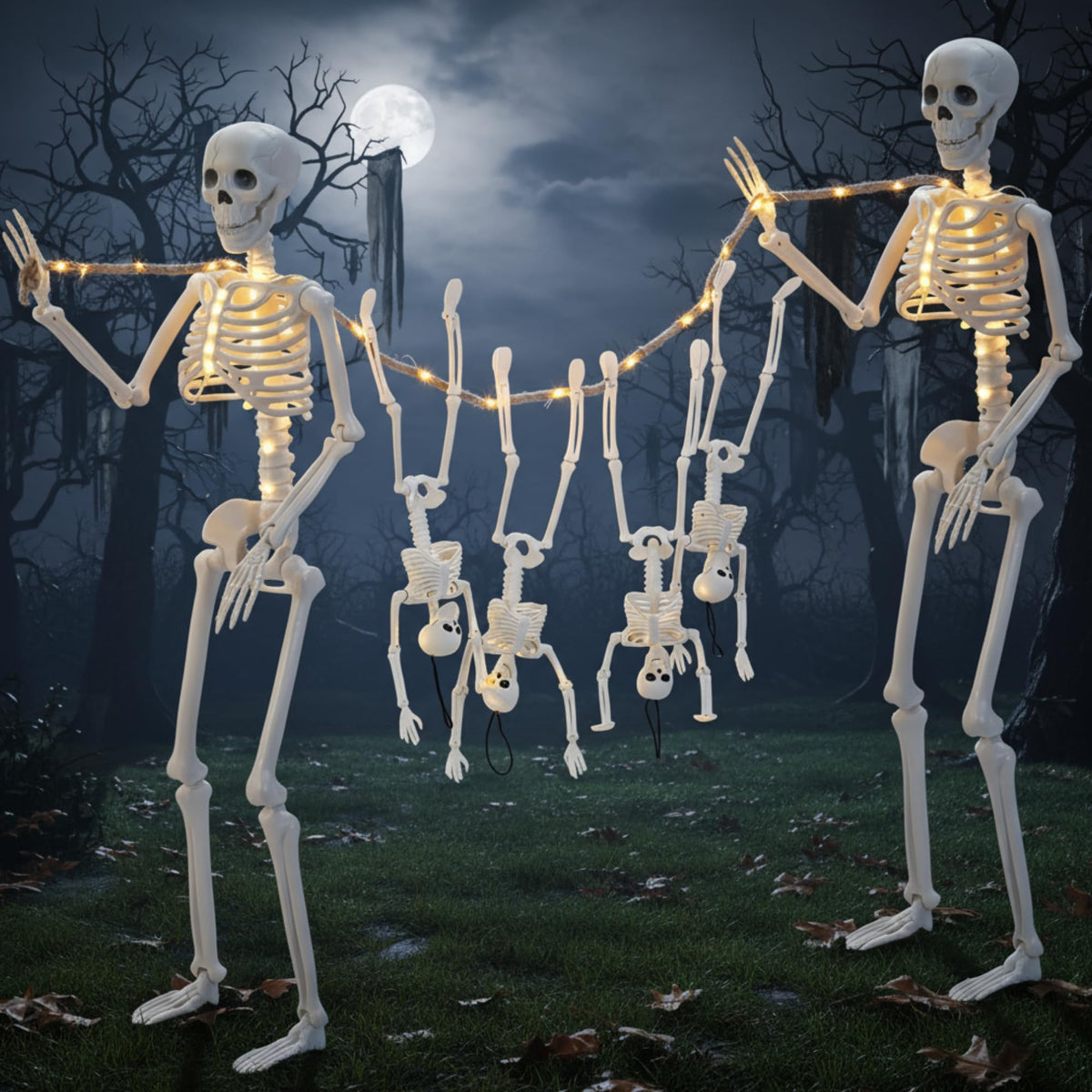 Tellingyou front view of kit packaging showing included skeletons and lights, easy setup