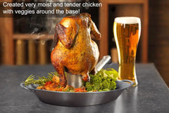 Tellshun assembled roaster on charcoal grill with chicken producing evenly crisp skin benefit