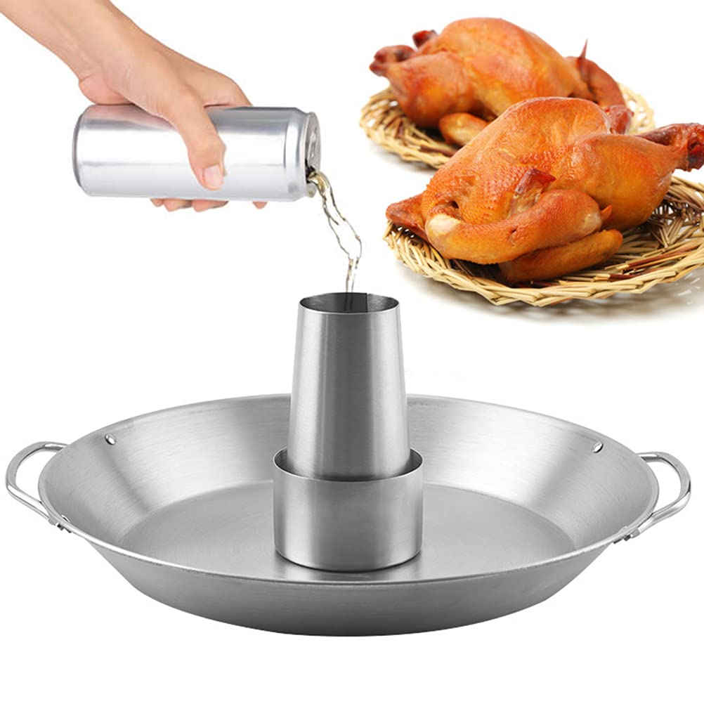 Tellshun front view of beer can chicken holder showing stable upright design and benefit of even roasting