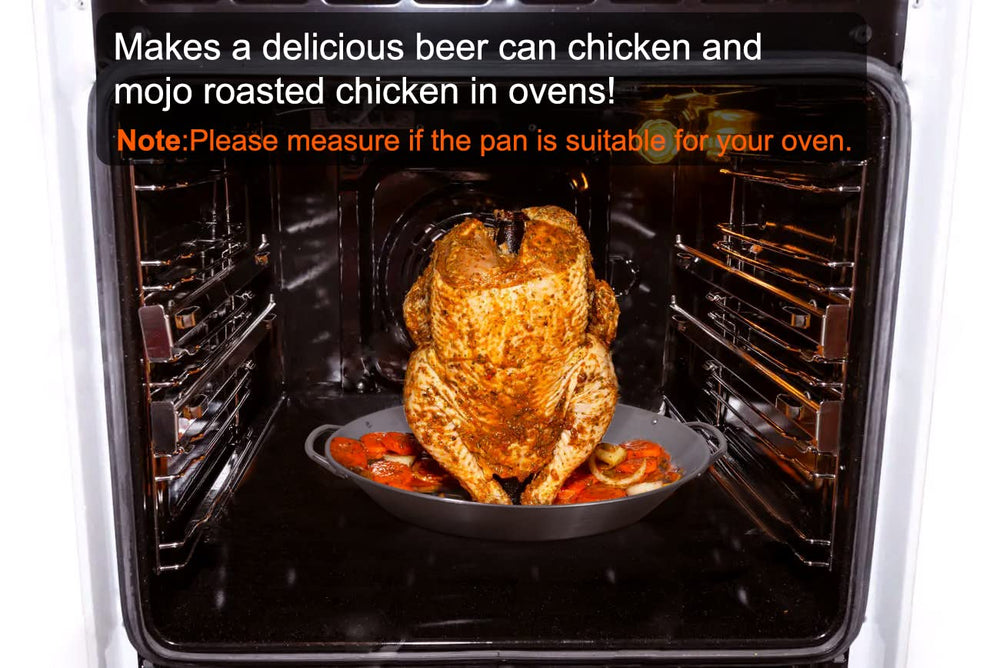 Tellshun in-oven roast of chicken on holder showing practical indoor use and tidy drip collection