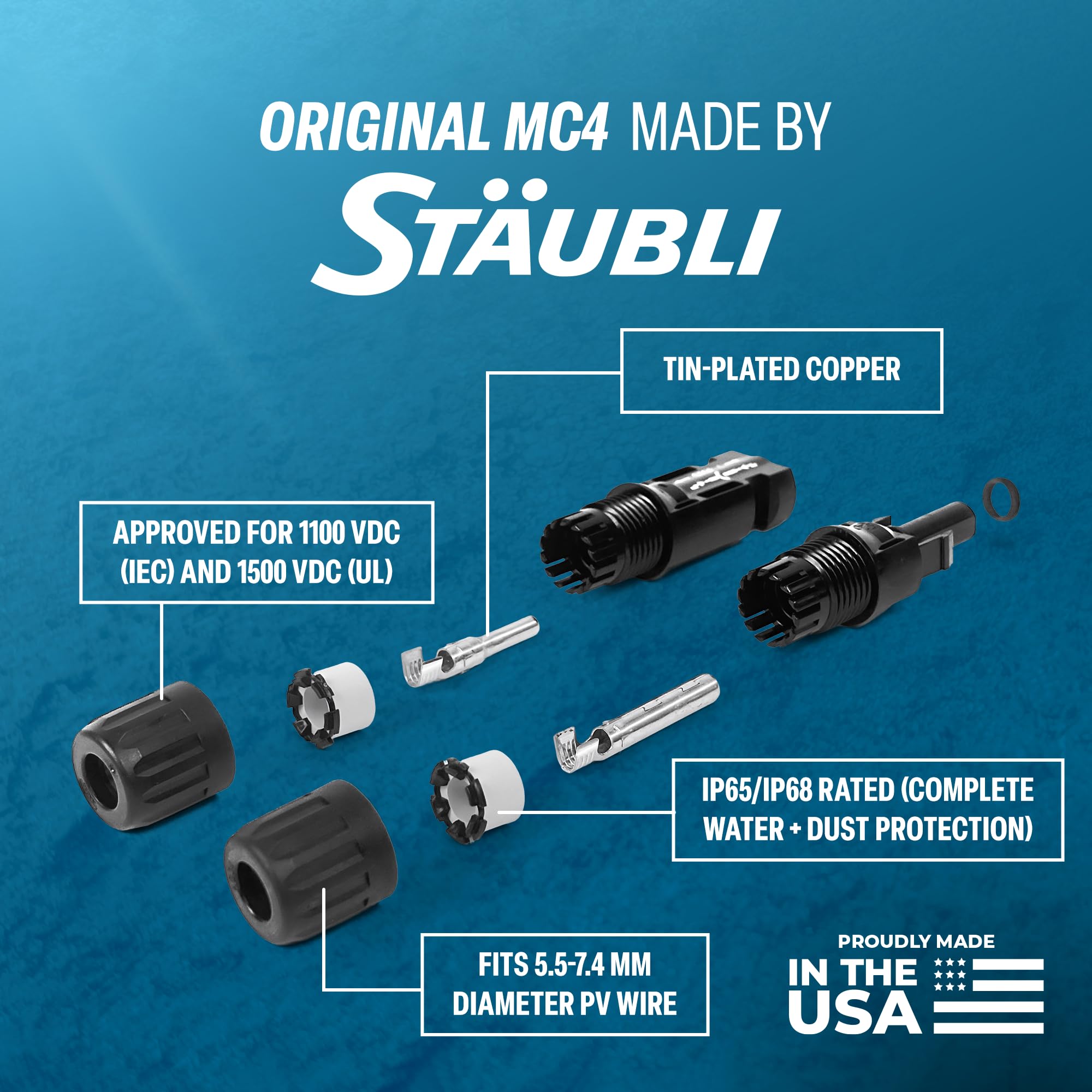 TEMCo Industrial Staubli MC4 male contact close-up highlighting low-resistance copper contact