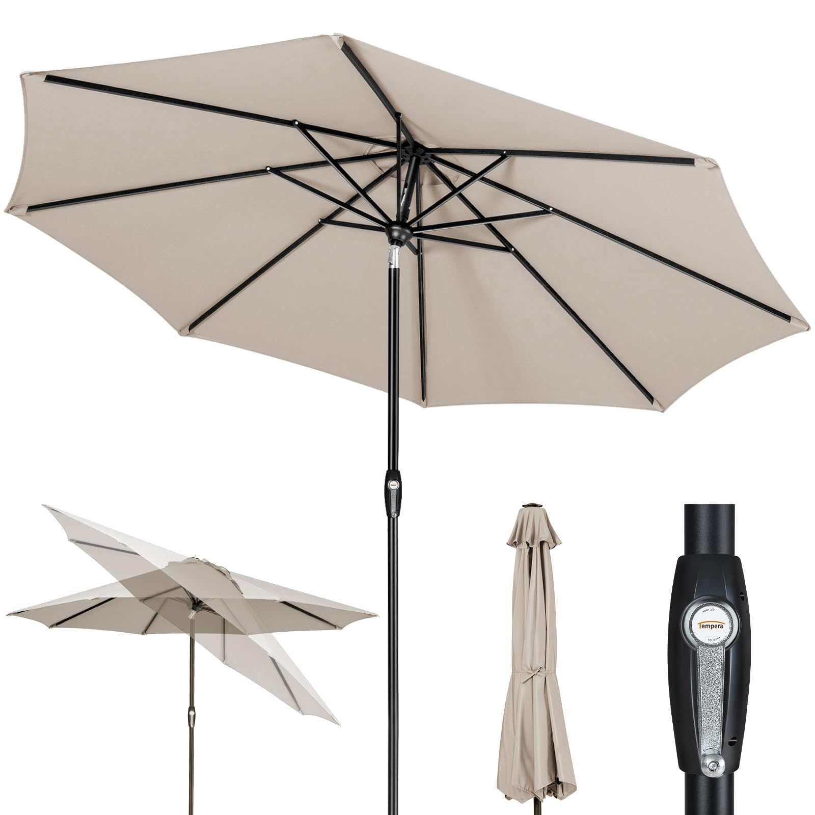 Tempera front view of 10ft oatmeal umbrella providing wide shaded area