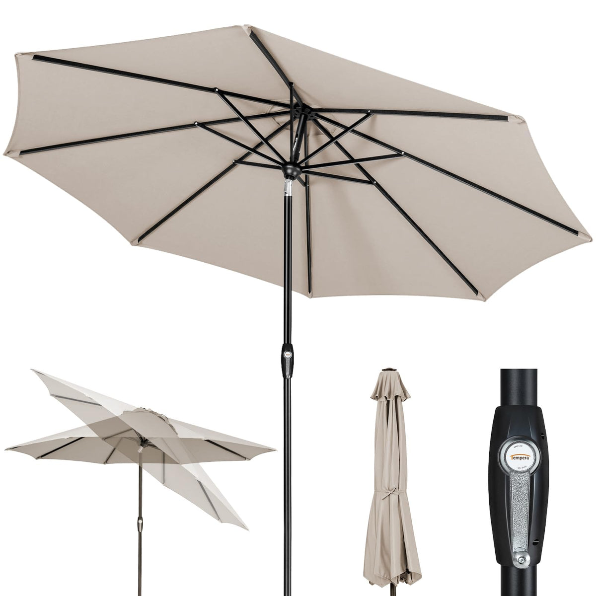 Tempera front view of 10ft oatmeal umbrella providing wide shaded area