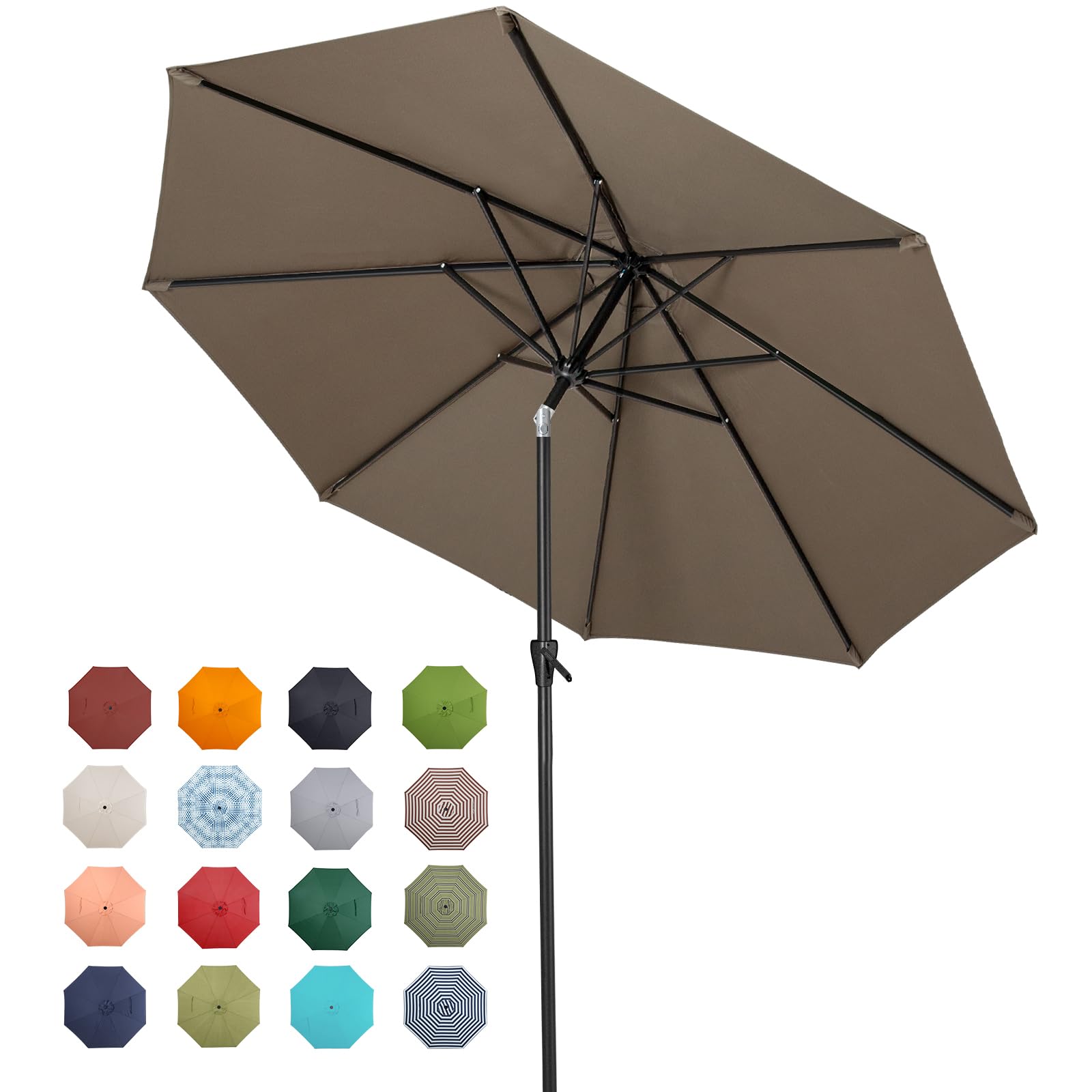 Tempera umbrella front view showing taupe canopy and broad shade benefit