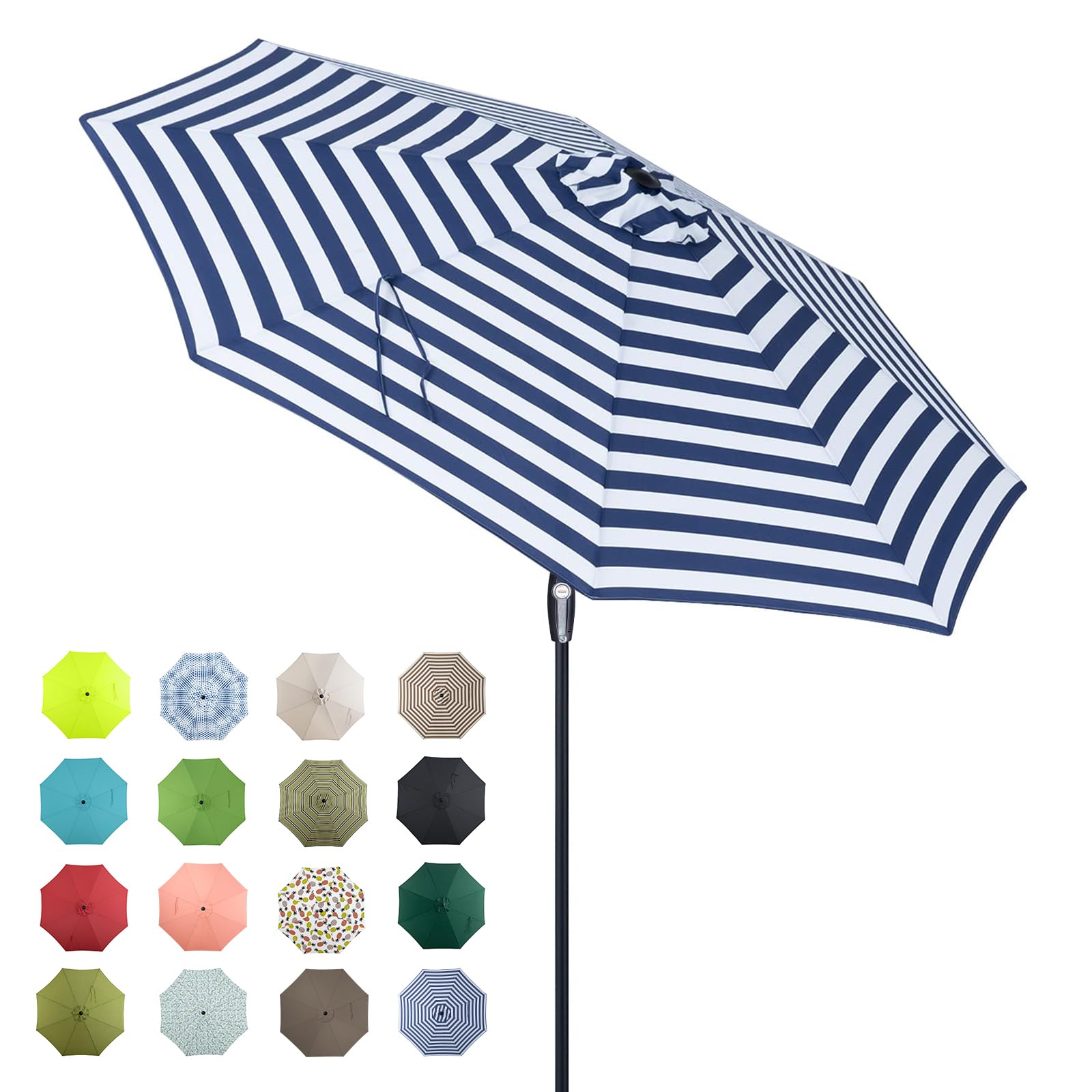 tempera front view of blue white stripe umbrella showing shade coverage