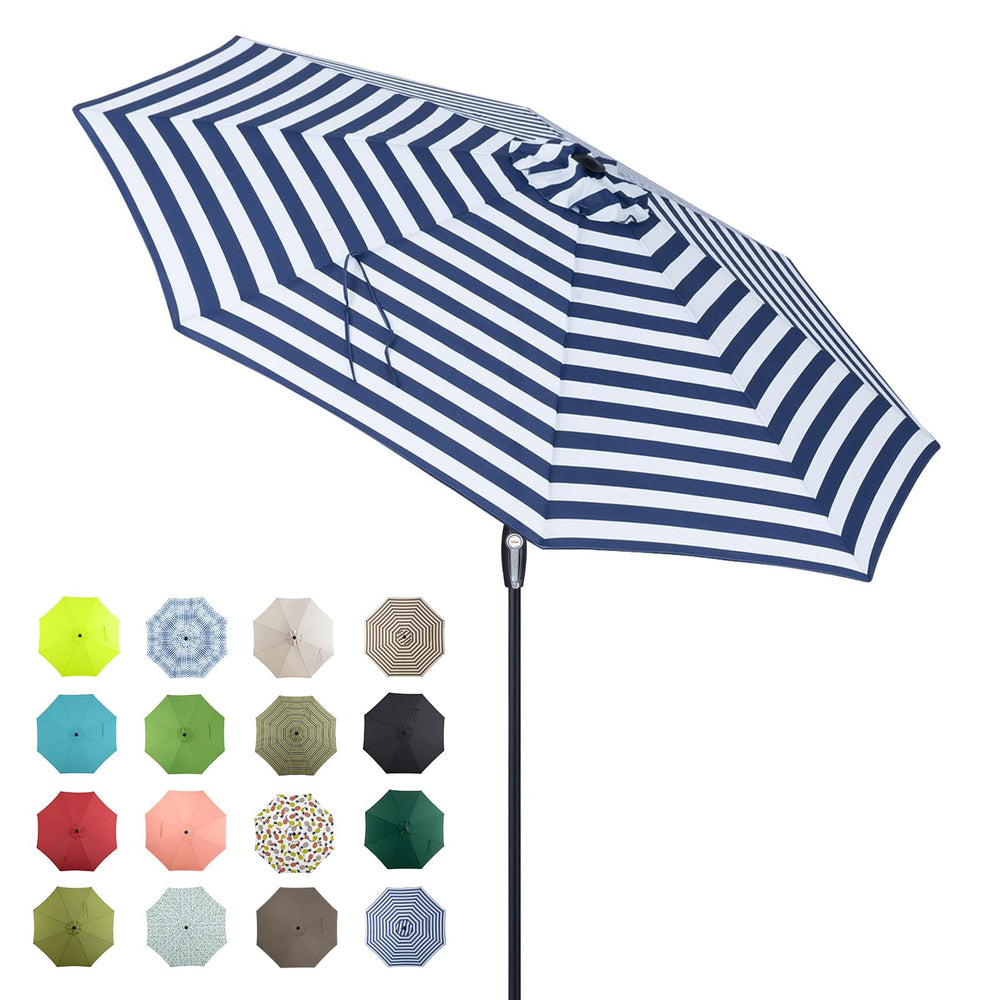 tempera front view of blue white stripe umbrella showing shade coverage