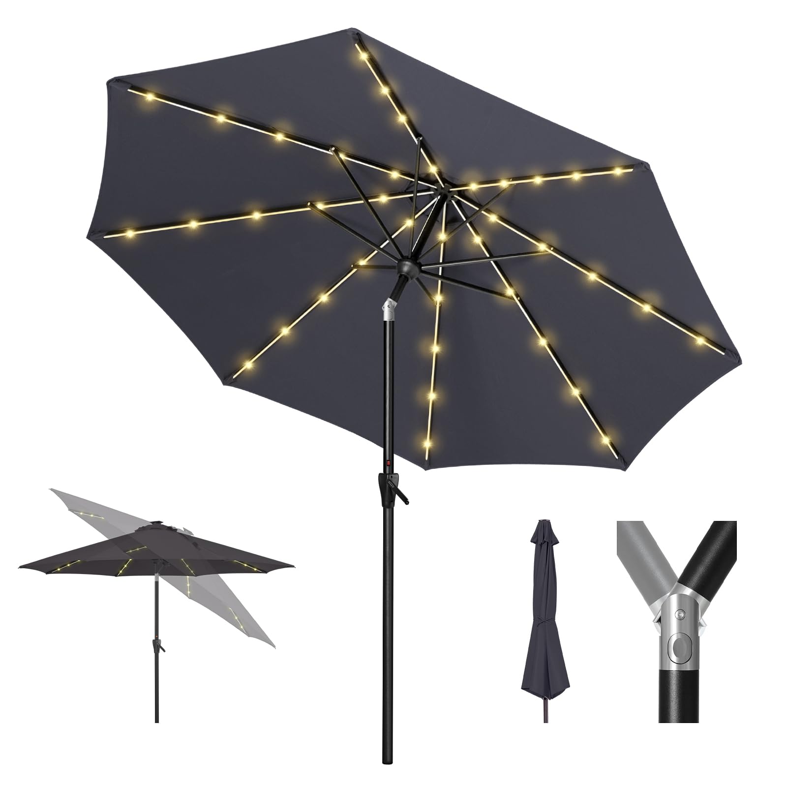 Tempera front view of 9ft umbrella showing full canopy and table shade benefit