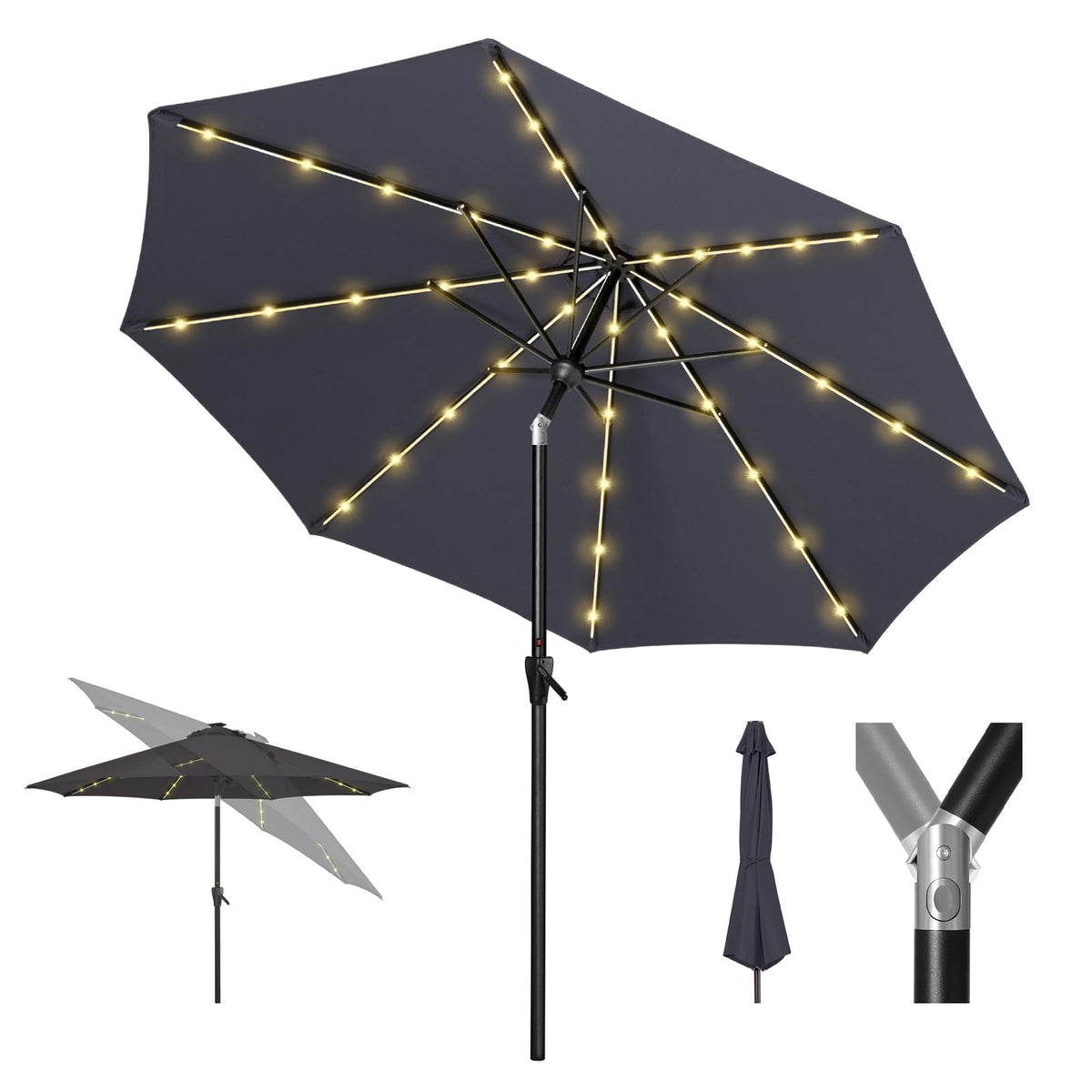 Tempera front view of 9ft umbrella showing full canopy and table shade benefit
