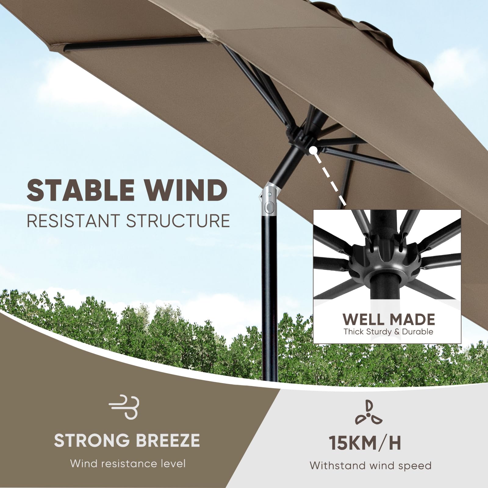 Tempera pole and wind vent detail showing sturdy aluminum stability benefit