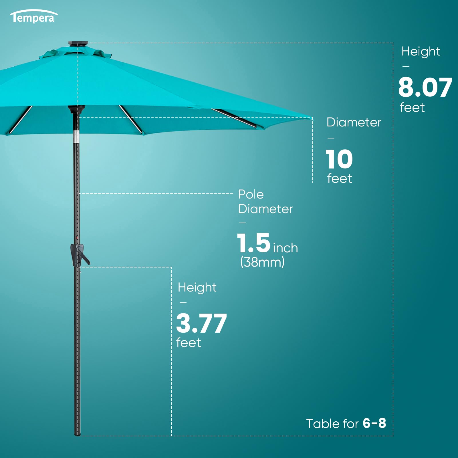Tempera folded umbrella beside chair showing compact storage scale