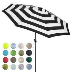 Tempera front view black white stripe umbrella showing large shaded area benefit