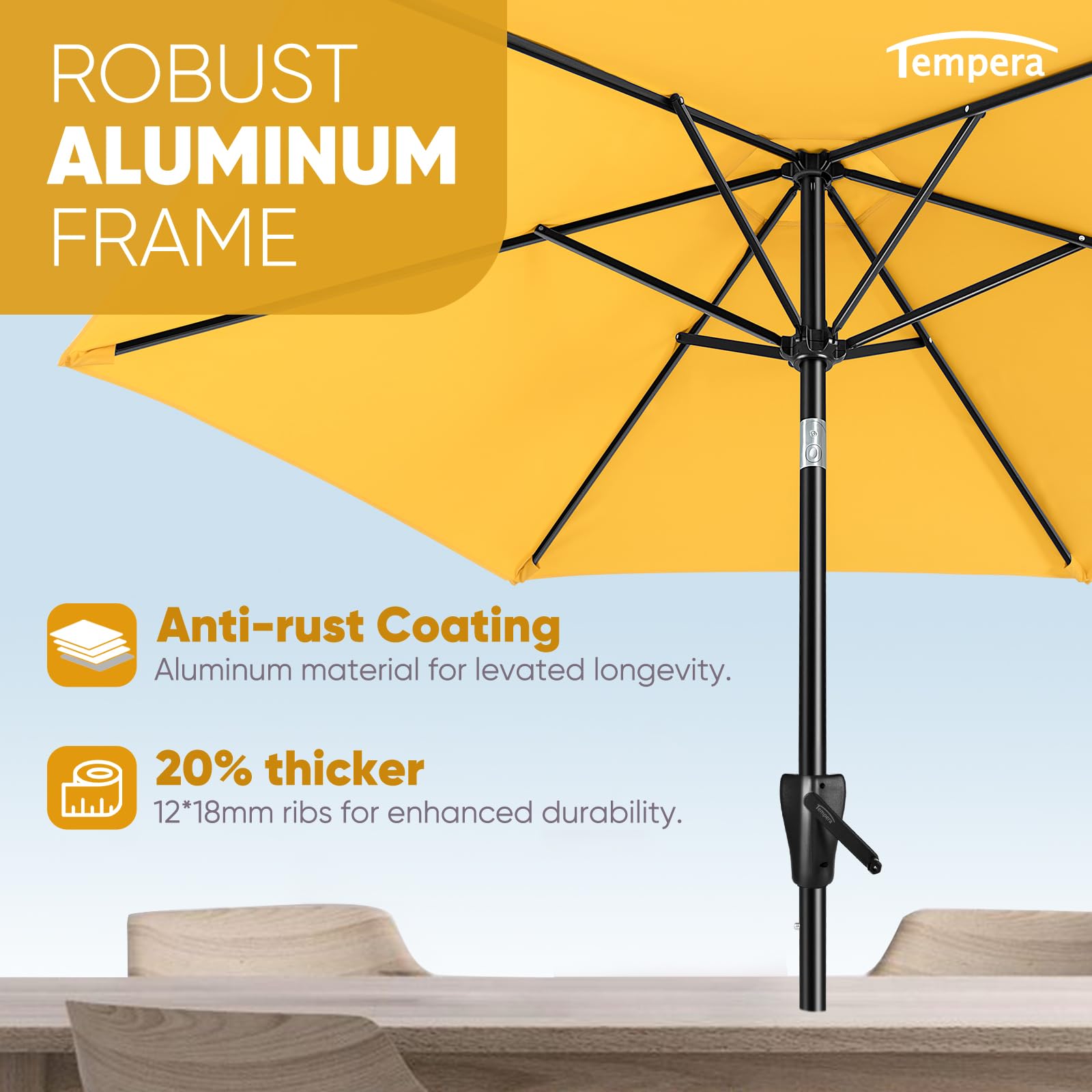 Tempera in-use on patio with chairs showing comfortable shaded seating benefit
