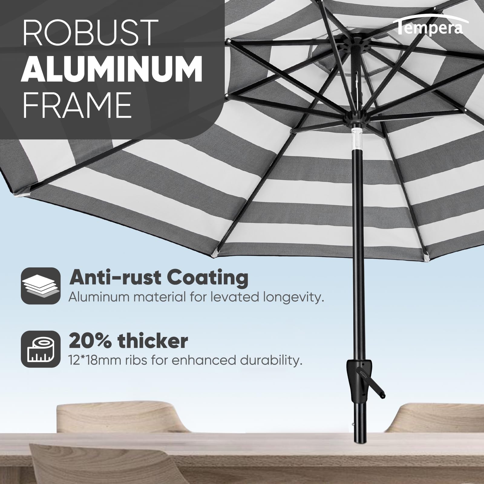 Tempera umbrella installed over patio dining set providing broad sun protection