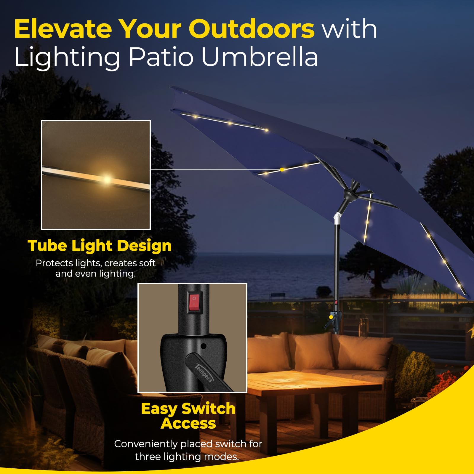 Tempera tube-style LED lights under canopy creating soft ambient lighting