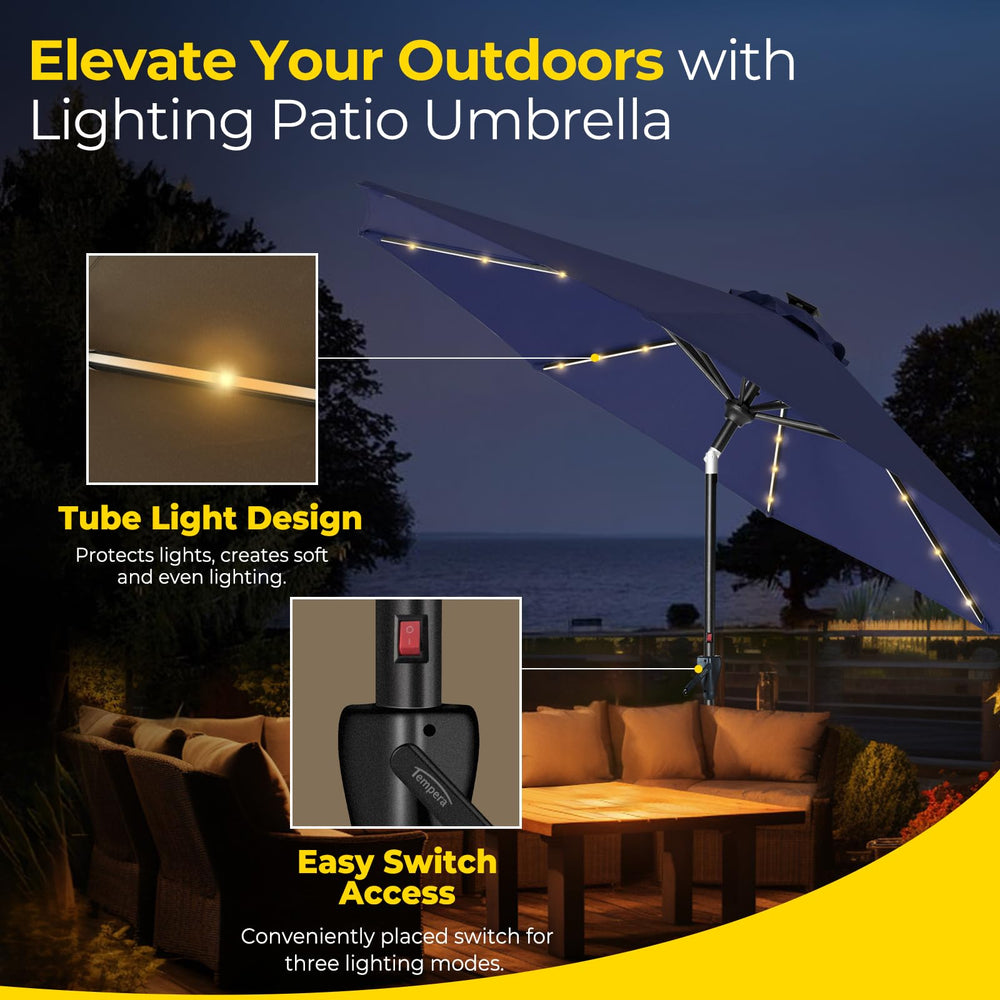 Tempera tube-style LED lights under canopy creating soft ambient lighting