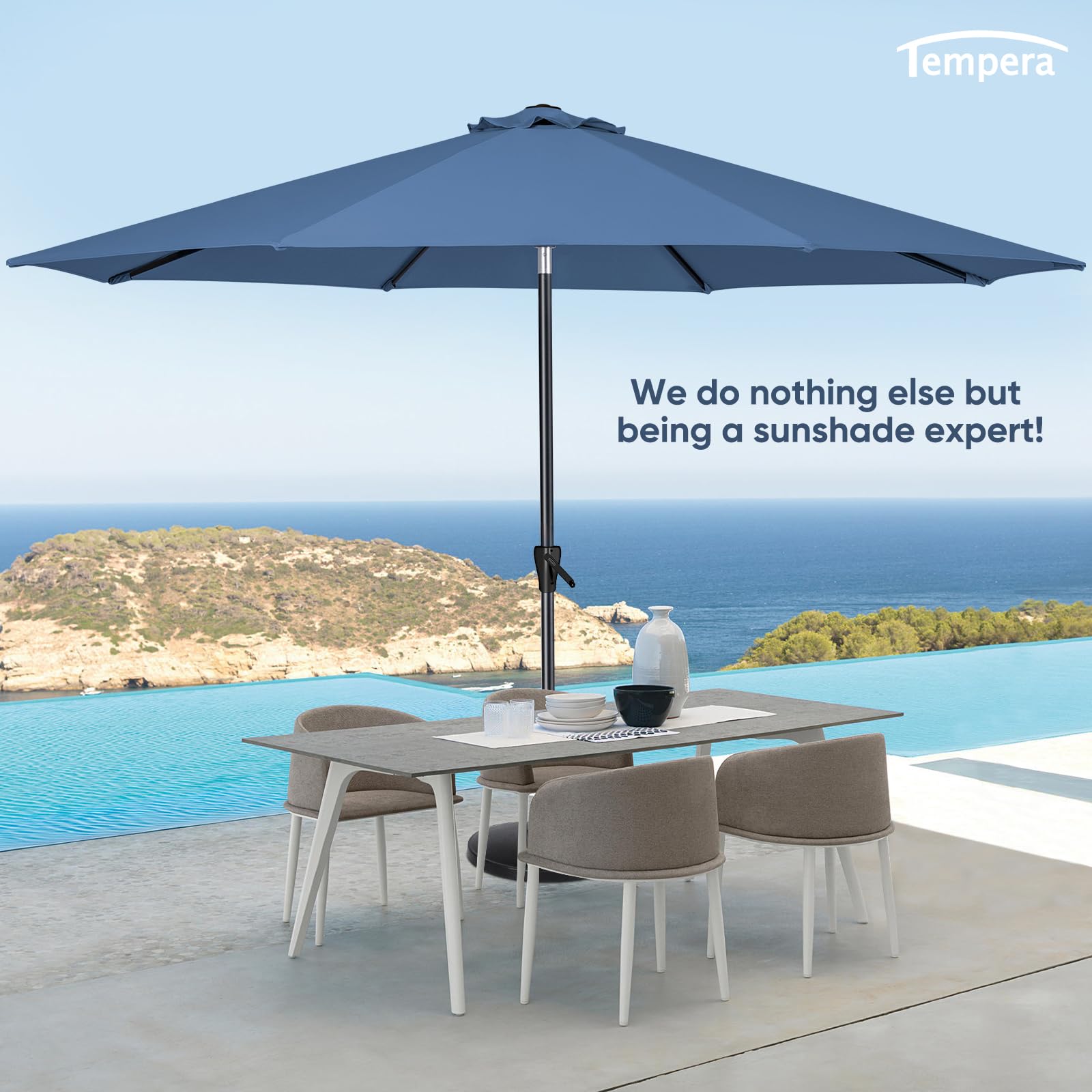 Tempera umbrella poolside lifestyle scene showing comfortable shaded relaxation benefit