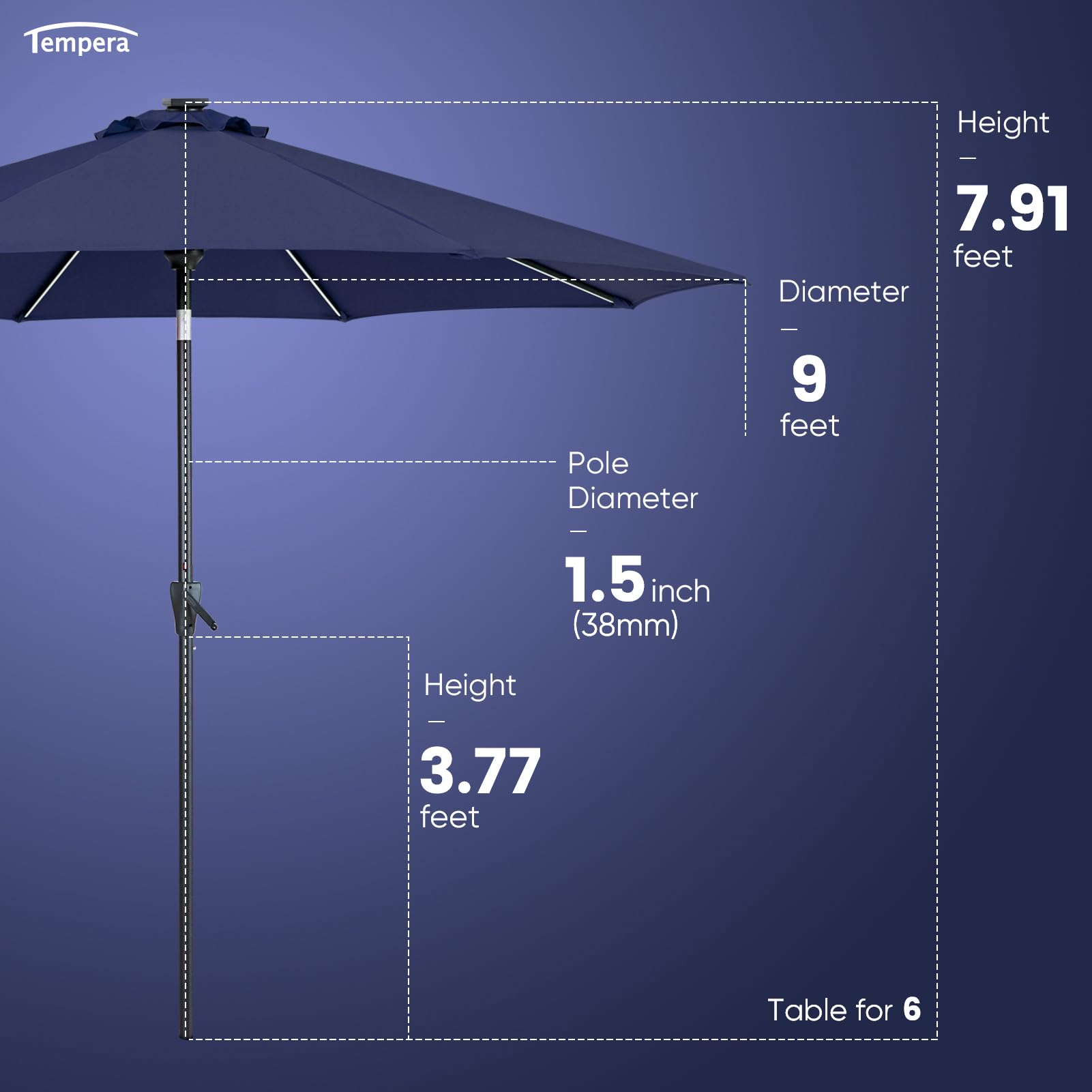 Tempera umbrella height and scale next to chair for size reference