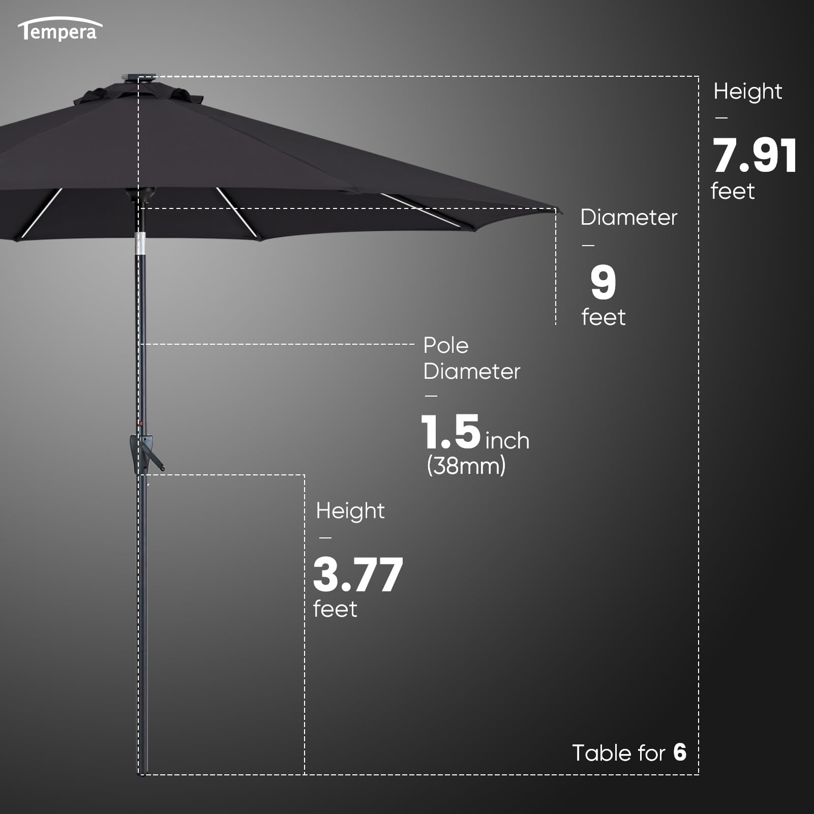 Tempera umbrella next to dining table illustrating 9ft coverage and scale